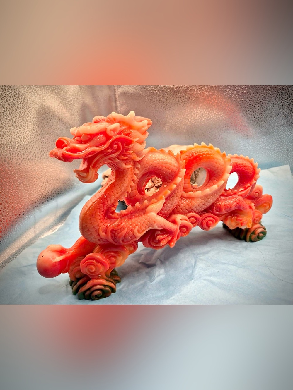 Vintage Chinese Dragon Statue - Orange Red Sculpture Lucite Feng Shui Decor